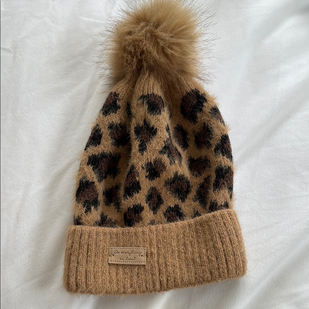 Brown and Black Leopard Print Hat with Pom Pom